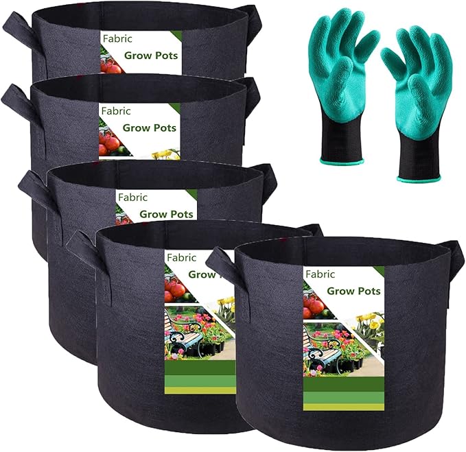 5-Pack 10 Gallon Thickened Plant Grow Bags (16x12 inch) Fabric Plant Pots for Tomato,Potato Planters,Herbs Veggies Planter Bag,Flower Pot,Garden Pot,Barrel Planter,Plant Container W/ Gardening Gloves