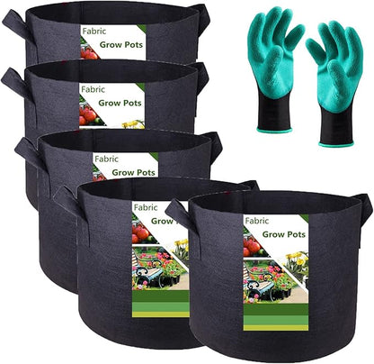 5-Pack 2 Gallon Thickened Plant Grow Bags (8x8 inch) Nursery Bags Fabric Plant Pots for Flower Pots,Herbs Veggies Planter Bag,Garden Pot,Barrel Planter,Garden Bag,Plant Container with Gardening Gloves