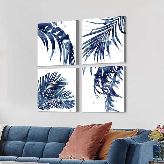 ARTISTIC PATH Watercolor Botanical Canvas Wall Art - Palm Leaves Picture Leaf Painting Prints Blue Plant Artwork for Bedroom Bathroom
