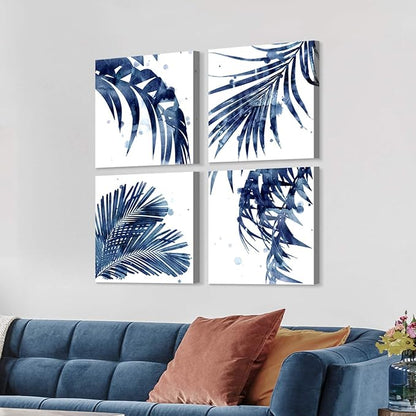 ARTISTIC PATH Watercolor Botanical Canvas Wall Art - Palm Leaves Picture Leaf Painting Prints Blue Plant Artwork for Bedroom Bathroom