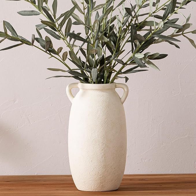 Ceramic Flower Vase 12 inch Farmhouse Rustic Vase Decorative Pottery Terracotta Tall Vases for Home Decor Table Mantle Fireplace Living Room Bathroom Wedding Centerpiece(Large-White)
