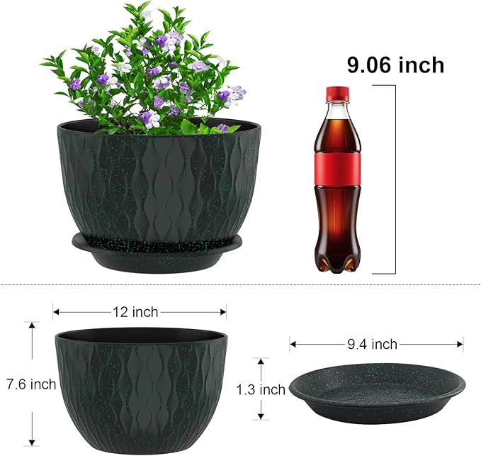 12 inch Large Plant Pots, Flower Pots with Multi-Mesh Drainage Holes and Saucer, Plastic Planters for Indoor and Outdoor Garden Plants (Black with Green Speckles, 12")