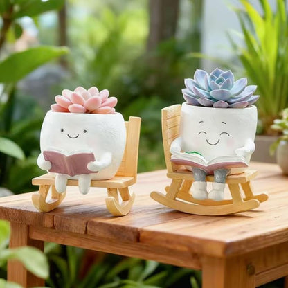 Adorable Smiley Face Reading Flower Pot, Unique Rocking Chair-Style Resin Plant Pot with Drainage Holes, Suitable for Indoor/Outdoor Planting and Home Decor (A)