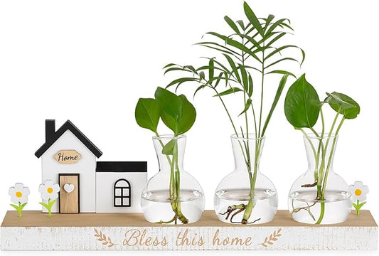 Glasseam Propagation Stations Plant Terrarium: Unique Hydroponic Planter Housewarming Gifts New Home for Women Men - Glass Propagation Jars with Wooden Stand Bulb Vase for Home Decor Plant Lover