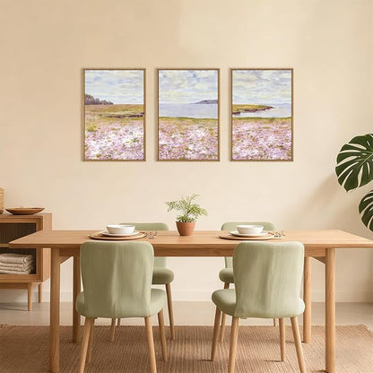 HOURIA Watercolor Pink Floral Coastal Landscape Framed Canvas Wall Art Set,Nature Inspired Wildflower & Meadow Cottage Field Wall Decor,Modern Seaside Beach Artwork for Living Room,Farmhouse-16"x24"x3