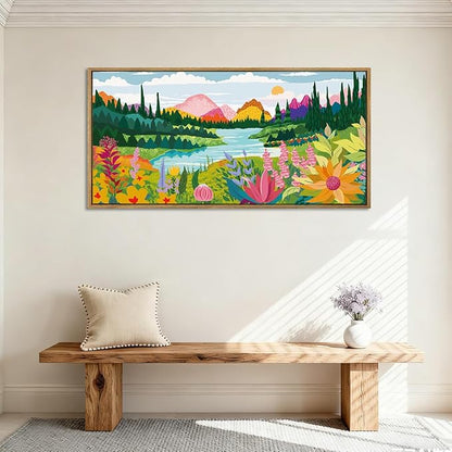 ANHUIB Large Colorful Wall Art 20x40 Inch Framed Abstract Floral Wall Decor Forest Woodland Painting Muticolor Mountain Range Illustration for Living Room Dining Room Bedroom