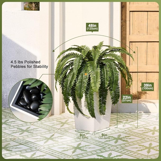48" Boston Ferns Artificial Outdoor Plants - 39 Fronds UV Resistant Faux Greenery with Taper Planter- Realistic Fake Bushes Front Porch Decor for Garden, Patio, Indoors - Set of 1, VN153