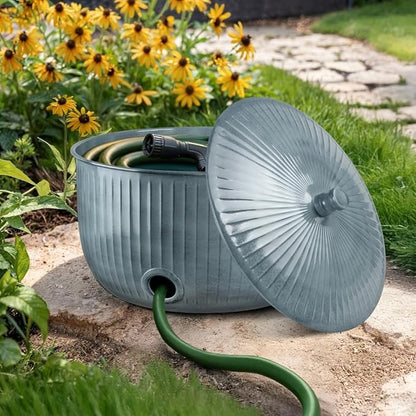Monarch Abode Garden Hose Holder with Lid – Decorative Water Hose Holders for Outside, Ridge Embossed Metal Patina Pot with Drainage, 100ft Waterhose Holder for Outside, Garden Storage Caddy
