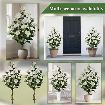 Artificial Camellia Tree with Spike, 36” Tall Faux Artificial Plants Outdoor Flower Tree with White Blooming Camellia Flower, Fake Flower Tree for Home, Garden Decor(White)