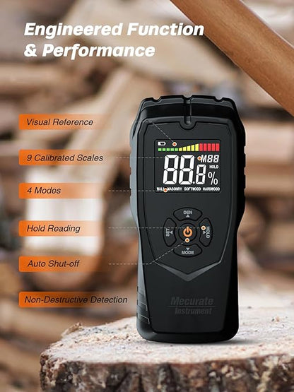Moisture Meter Damp Meter Pinless Wood Moisture Meter for Walls Logs Firewood and Building Material, 4 Mode 9 Density Settings, Non-Destructive Moisture Detector with Backlit LCD and Alerts (Black)