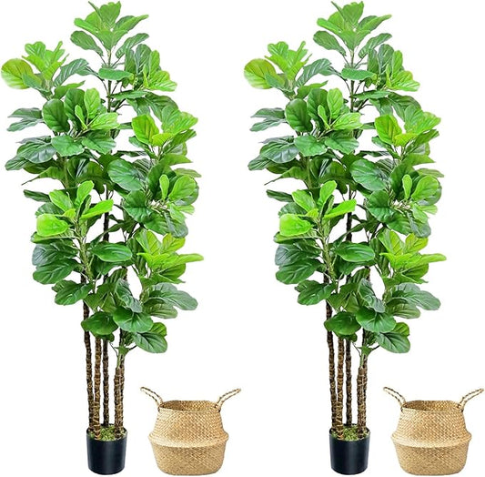 ROOMTEC 2pcs Artificial Fiddle Leaf Fig Tree,7 FT Tall Artificial Tree with Woven Seagrass Plant Basket Fake Floor Plant in Pot for Home Decor Living Room Indoor Outdoor Office Bedroom Decor