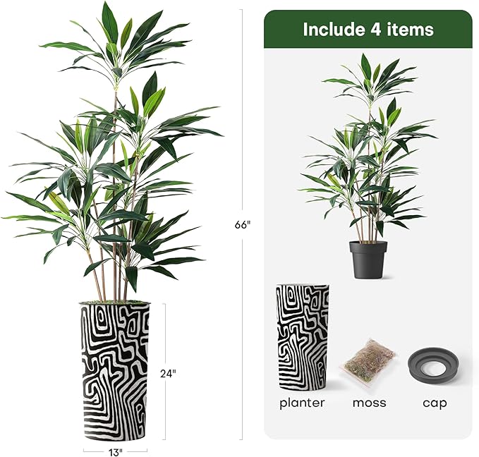 SIGNWIN Artificial Tree in Modern Geometric Pattern Planter, Fake Dracaena Tree Silk Tree for Indoor and Outdoor Home Decoration - 66" Overall Tall (Plant Pot Plus Tree)