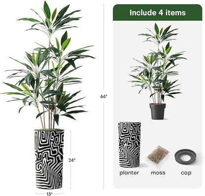 SIGNWIN Artificial Tree in Modern Geometric Pattern Planter, Fake Dracaena Tree Silk Tree for Indoor and Outdoor Home Decoration - 66" Overall Tall (Plant Pot Plus Tree)