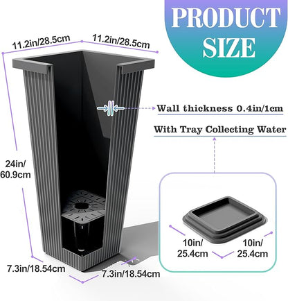 24 Inch Tall Tapered Square Planters (Set of 2) - Indoor Outdoor Large Flower Pots with Built-in Drainage & Matching Water Tray for Patio, Garden, Home - Gray