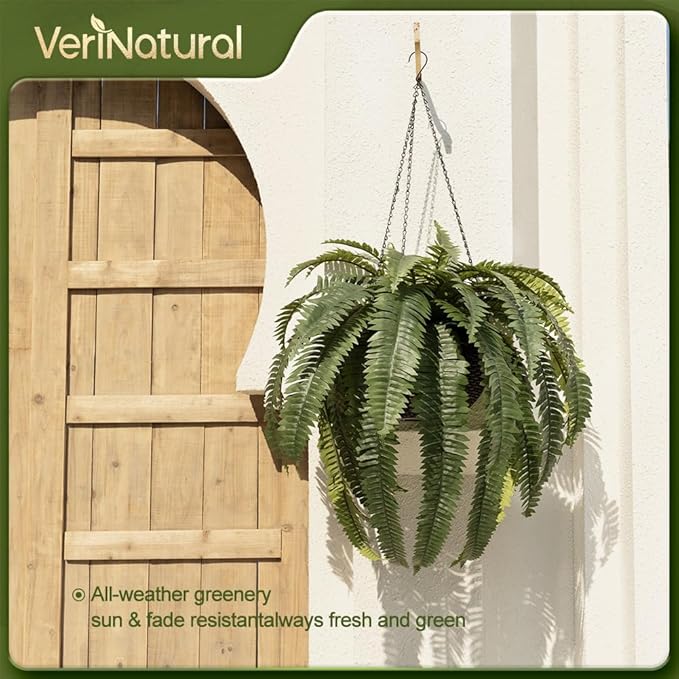 48" Artificial Boston Fern Hanging Plants with Basket - UV Resistant Fake Plant for Outdoor Indoor - Large Realistic Faux Greenery for Front Porch, Front Door, Patio Decor, Set of 1, VN142