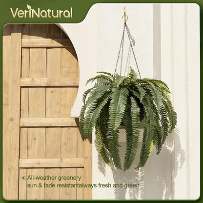 48" Artificial Boston Fern Hanging Plants with Basket - UV Resistant Fake Plant for Outdoor Indoor - Large Realistic Faux Greenery for Front Porch, Front Door, Patio Decor, Set of 1, VN142