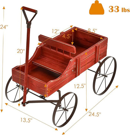 Goplus Wagon Planter, Decorative Wooden Garden Planter with Wheels, 2 Planting Sections and Adjustable Handle, Indoor Outdoor Backyard Balcony Decor (Red)