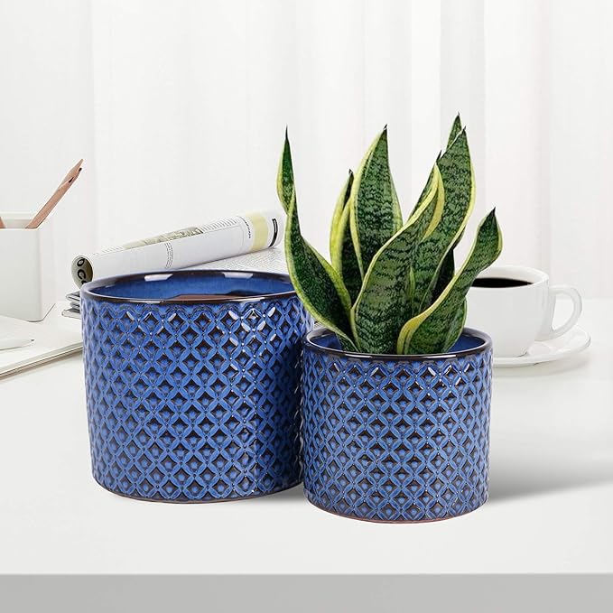 G EPGardening Ceramic Pots for Plants - 6.6+5.3 Inch Ceramic Planters Set of 2, Round Planters with Drainage Holes, Boho Flower Pots for Indoor Outdoor, Home Room Decor, Gifts for Plant Lovers, Blue