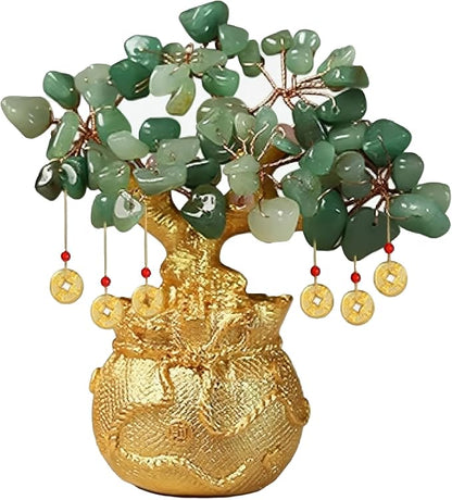 Green Aventurine Money Tree – Feng Shui Wealth Prosperity Golden Bag Bonsai Lucky Gemstone Home Office Decor (14cm Height)