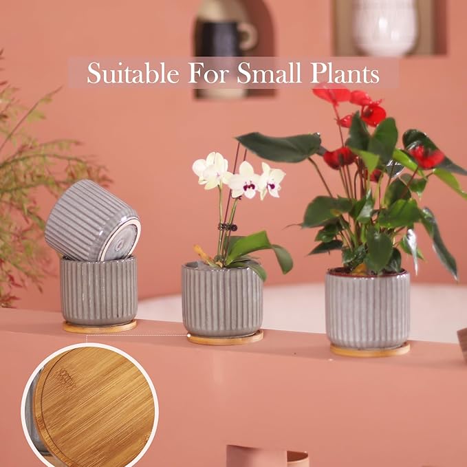 OMAYKEY 5.25 Inch Ceramic Plant Pot with Saucer, Creative Stripe Grey-Green Planters Pots with Drainage Hole and Mesh Pads for Succulent, Cactus, Herbs - Set of 4