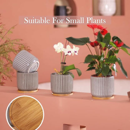 OMAYKEY 5.25 Inch Ceramic Plant Pot with Saucer, Creative Stripe Grey-Green Planters Pots with Drainage Hole and Mesh Pads for Succulent, Cactus, Herbs - Set of 4