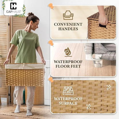 CAPHAUS Laundry Basket w/Lid, Synthetic Rattan Laundry Hamper w/Lid and Handles, 2 Removable Liner Bags, Foldable Clothes Hamper for Laundry, Large Storage Basket w/Lid, 105L, Grey
