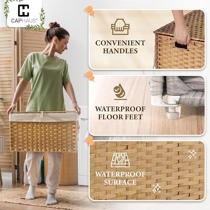 CAPHAUS Laundry Basket w/Lid, Synthetic Rattan Laundry Hamper w/Lid and Handles, 2 Removable Liner Bags, Foldable Clothes Hamper for Laundry, Large Storage Basket w/Lid, 65L, Brown
