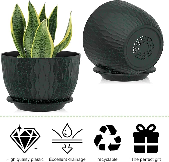12/10/9 Inch Planter Pots, 3-Pack Large Flower Pots for Indoor Outdoor Garden Plants, Big Plant Pots with Multi Mesh Drainage Holes and Saucer (Black with Green Speckles, 12"+10"+9")