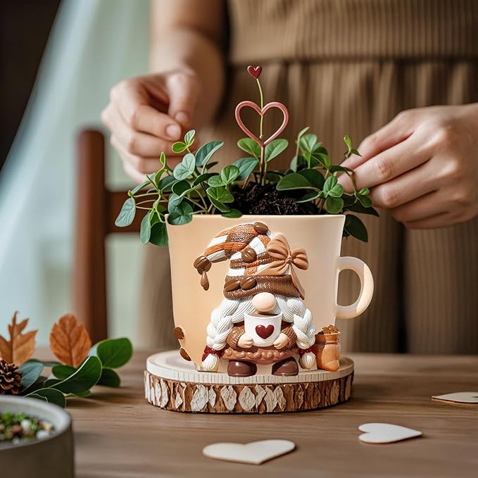 GUGUGO Coffee Cup Gnome Plant Pots, Cute Unique Flower Pots for Indoor Plants, Funky Small Planters with Drainage Holes, Eclectic Home Decor Aesthetic, Funny Gardening Planter for Couple Gift, Female