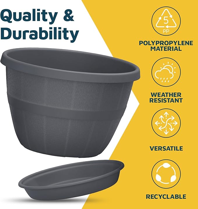 10-Inch Whiskey Barrel Planters Outdoor Pack of 20 - Durable Plastic Plant Pots for Indoor & Outdoor Use with Drainage & Saucer, Lightweight Rustic Barrel Planters for Flowers, Herbs & Small Plants