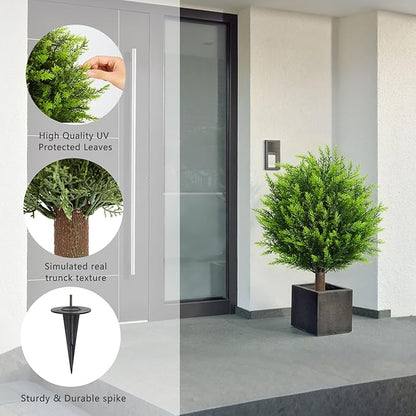 26.5" Artificial Cedar Topiary Ball Trees, Set of 2 UV Resistant Fake Evergreen Trees Shrubs Bushes Artificial Plants with Ground Spike Faux Cypress Plants for Indoor Outdoor Front Porch Garden