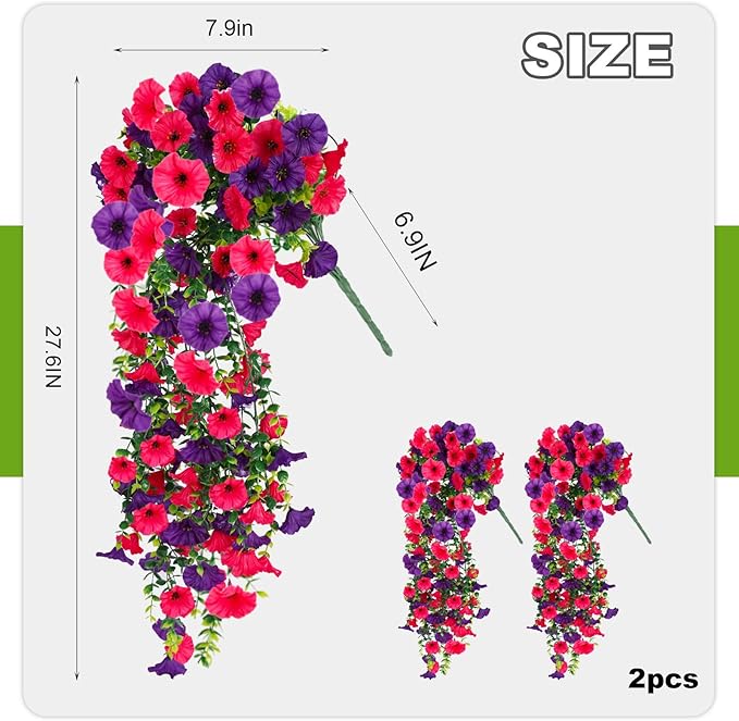 Artificial Hanging Flowers for Outdoor, 2 PCS Silk Morning Glory Faux Flowers with Eucalyptus Leaves,Realistic Hanging Plants for Wedding Home Office Garden Decor