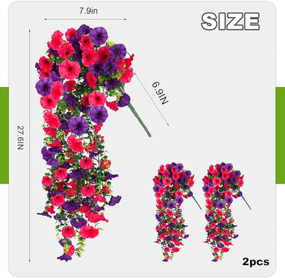 Artificial Hanging Flowers for Outdoor, 2 PCS Silk Morning Glory Faux Flowers with Eucalyptus Leaves,Realistic Hanging Plants for Wedding Home Office Garden Decor