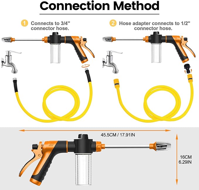 High Pressure Soap Sprayer for Garden Hose, Foam Gun Car Wash Sprayer with 3.5oz/100cc Plastic Soap Dispenser Bottle, Adjustable Nozzle for Gardening, Solar Panel Cleaning, Pet Showering (Orange)