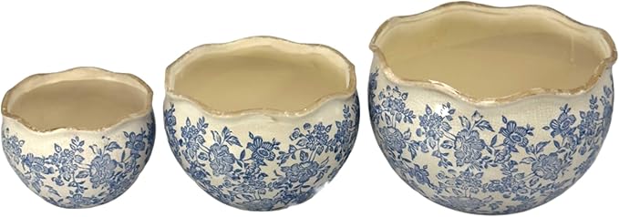 Galt International Ceramic Plant Pots Set of 3 Rustic Vintage Farmhouse Cream Crackle Glaze (11"/ 9.6"/ 7") Garden Indoor Outdoor Flower Planter w/Drainage Hole (Vintage Blue)