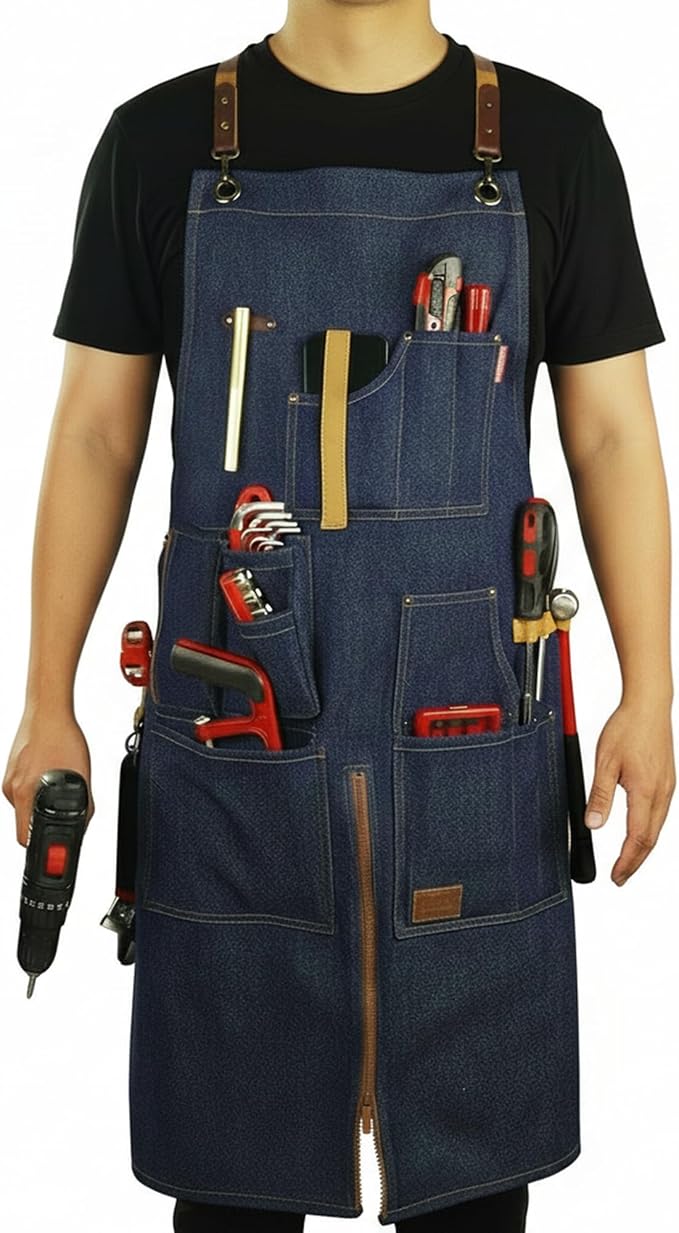 Woodworking Apron, Tool Apron, Canvas, Multiple Pockets, Adjustable Zipper, Metal Ring, Tape Measure Clip, Plus Size, Denim.