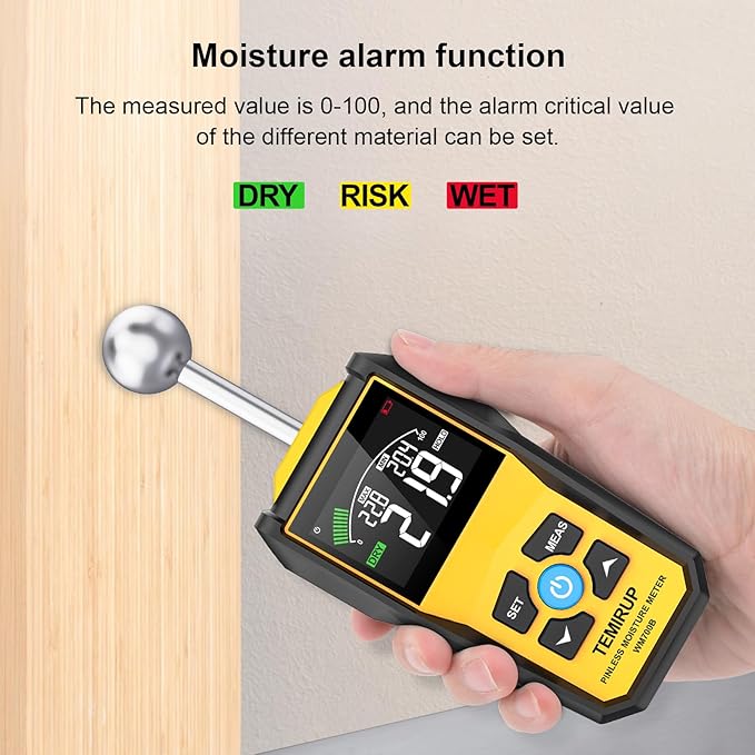 Moisture Meter, TEMIRUP Pinless Moisture Meter –Wood Moisture Detector for Walls, Drywall, Firewood & Concrete, Digital Moisture Tester with 3-Color LCD Display Reader, Audible Alarm & Hold Function