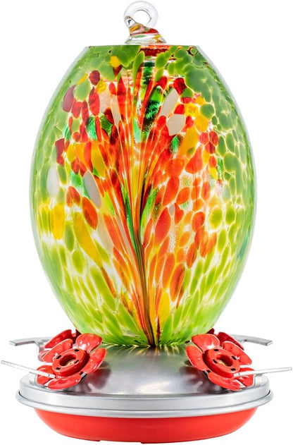 Muse Garden Glass Humming Bird Feeders for Outdoors - 27OZ Blown Glass Hummingbird Feeder - Unique Gift for Mom Women Grandparents, Outdoors Hanging Garden Decor, Ant Moat & Brush, Green Floral
