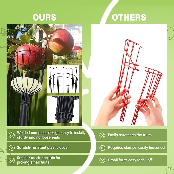 Fruit Picker Pole with Basket - 8.43FT(257CM) Adjustable Tree Gardening Supplies with Stainless Steel Handle Apple Picker Fruit Grabber Reach Tool for Mango Pear Orange Avocados Fruit Picking, Black