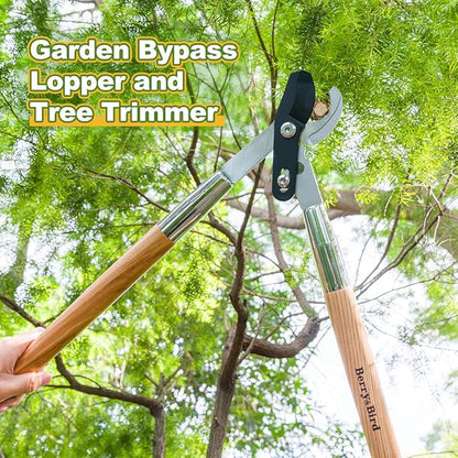 Berry&Bird 28" Garden Loppers for Tree Trimming, Heavy Duty Bypass Loppers with Compound Action, Branch Cutter up to 1.75" Diameter Cut Capacity, Hand Loppers with Carbon Steel Blade, Ashwood Handle