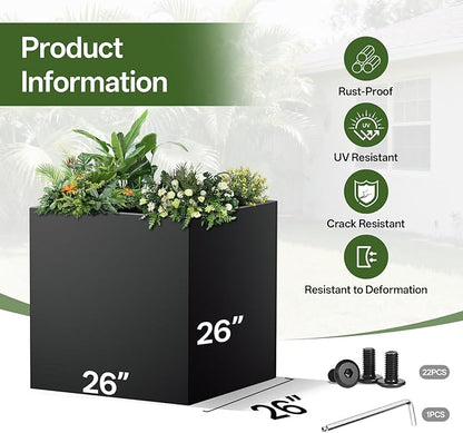 Metal Planter Box, 26" x 26"x 26", Heavy-Duty Galvanized Steel Outdoor Planter with Drainage Holes, Rectangular Planter for porches, Gardens, patios, and courtyards，Black