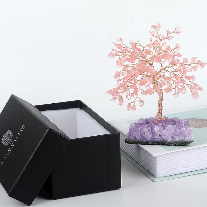 Natural Rose Quartz Gemstone Crystal Tree of Life, Amethyst Cluster Base,Feng Shui Decor Bonsai Money Tree,Healing Crystal Positive Energy Gift Size 5.5-6.3 Inches