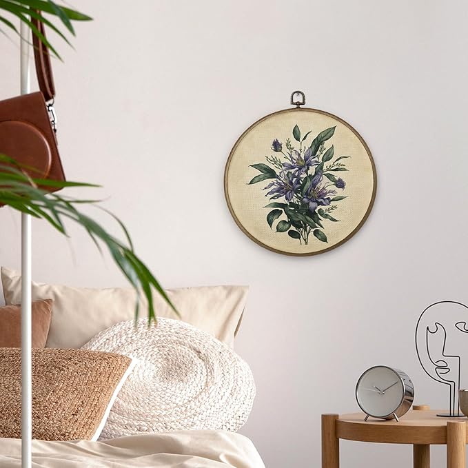 MAQIKA Retro Purple Floral Plant Framed Wall Art Decor, Vintage Botanical Print, Wildflower Round Wall Hanging Decor, Purple Flower Canvas Prints Wall Art for Bedroom Kitchen Dorm Room, 10x10 Inch