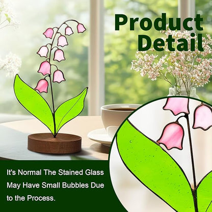 Lily of Valley Stained Glass Decor, Handmade Real Stained Glass Lily of Valley Flower Suncatchers with Walnut Wood Base, Cute Desk Windowsill Decor Plant Gifts for Women,Mom,Plant Lovers (Pink)