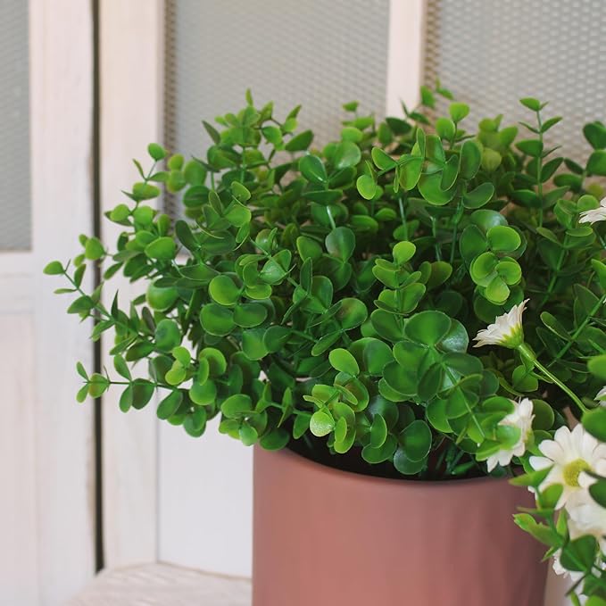 alyptus Artificial Boxwood Plants Outdoor 8 Bundles Faux Eucalyptus Flowers Green Bushes Plastic Greenery Stems for Home Garden Farmhouse Patio Front Porch Decor (Eucalyptus)