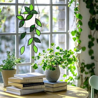 Green Plant Stained Glass Window Hanging,Handcrafted Real Stained Glass Panel Plant Suncatchers for Home Indoor Window Decor, Gifts for Plant Lovers,Women,Mother's Day,Christmas Day