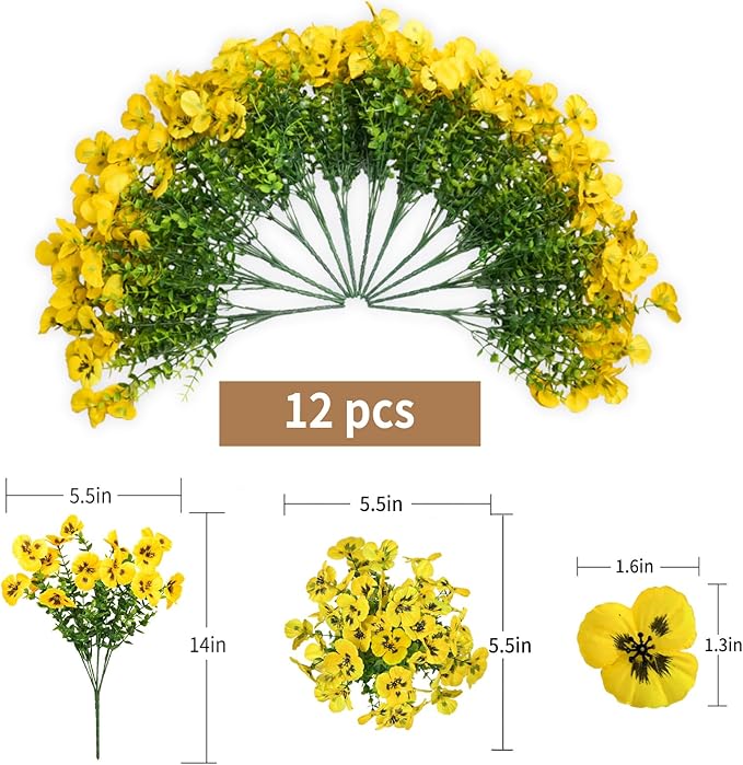 12 Bundles Artificial Flowers for Outdoor, UV Resistant Fake Pansy Flowers, Silk Faux Fowers for Outdoor Planters Home Garden Office Patio Front (12,Yellow)