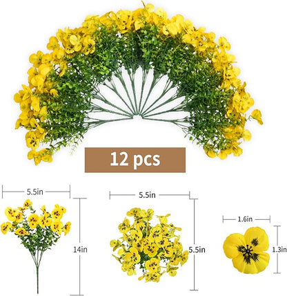 12 Bundles Artificial Flowers for Outdoor, UV Resistant Fake Pansy Flowers, Silk Faux Fowers for Outdoor Planters Home Garden Office Patio Front (12,Yellow)