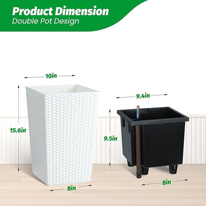 GarveeLife 16 in Tall Planter Set of 2 Large Rattan Flower Pot with 2 Trays & a Water Level Monitor Outdoor and Indoor for Patio, Porch, Living Room, or Home Office, White