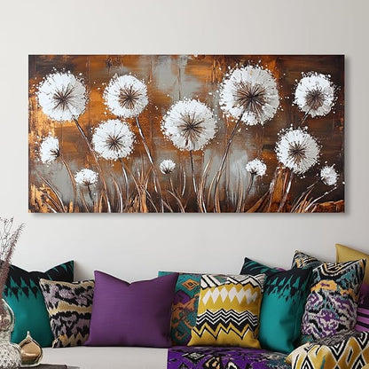 Dandelion Flower Wall Art Canvas Countryside Flower Field Pictures Wall Decor Wildflower Pictures Dandelions Painting White Bloosom Artwork Modern Landscape for Farmhouse Bathroom Living Room Bedroom Office (24x48 Inches)